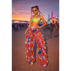 FESTIVAL Ruffled Tie Dye Mesh Pants Psychedelic Colorful Bold Rave Club Size S